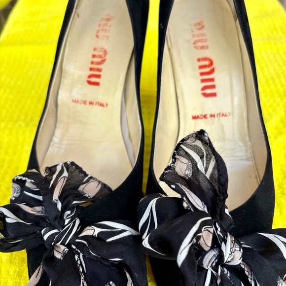 Miu Miu Black Suede Platform PEEP Toe 35 1/2 Heels Italy Silk Bow moment RareY2K - Picture 1 of 11